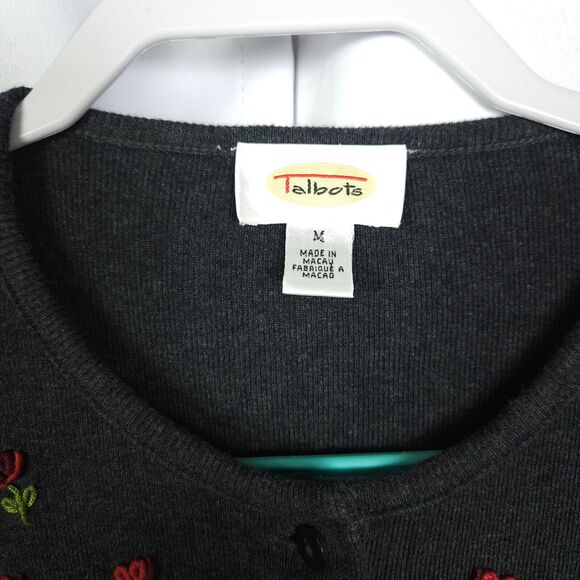 Talbots Womens Medium Gray Floral Rose Flower Embroidery Cardigan Sweater - Picture 2 of 7